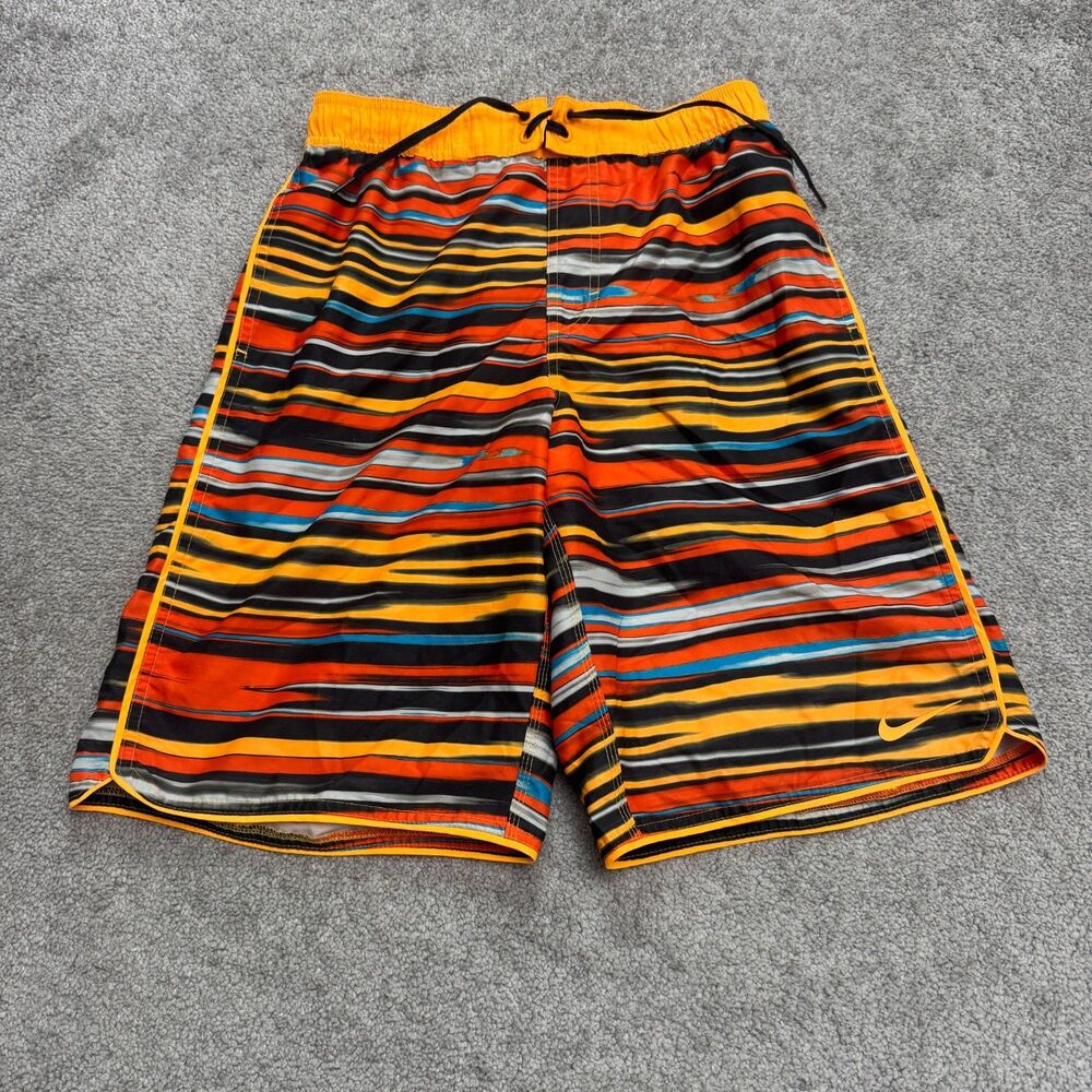 Nike Swim Trunks Unlined Shorts Mens Small Orange Striped Swimwear Active Beach